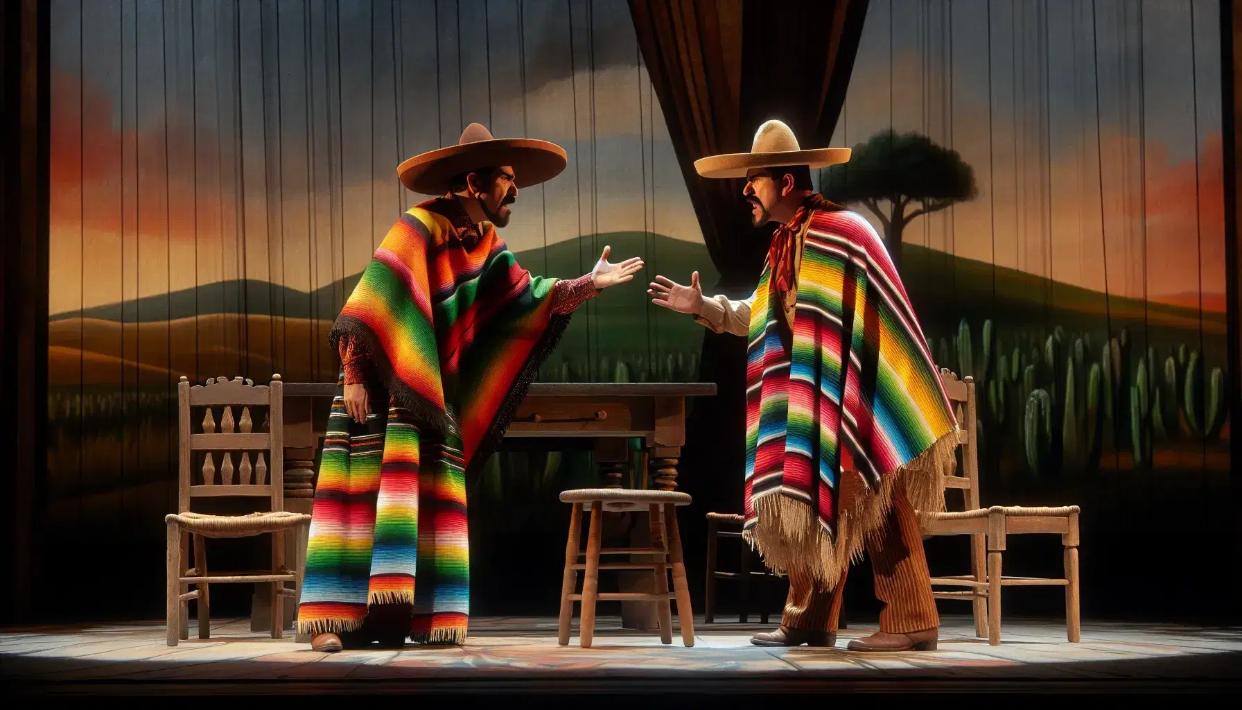 Two actors in traditional Chicano costumes engage on stage, one with a colorful zarape, the other in a sombrero, against a painted rural backdrop.