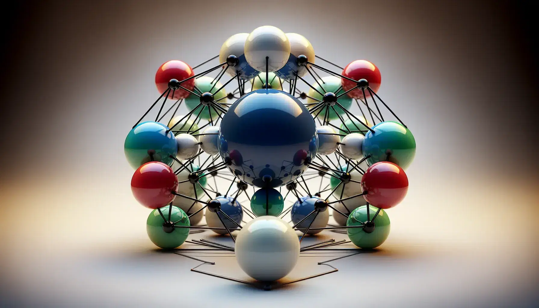 Struttura tridimensionale con sfere colorate interconnesse da bastoncini neri, con sfera blu centrale e sfere bianche disposte a piramide.