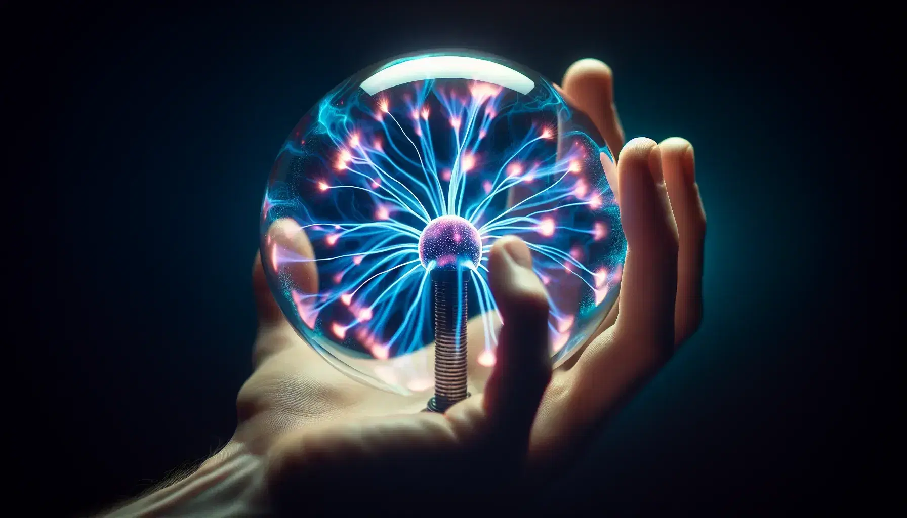 Mano che tiene una sfera di plasma con scintille blu e viola su sfondo scuro, evidenziando la tecnologia e l'interazione umana.