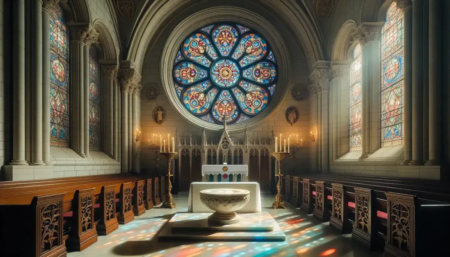 Vitral circular colorido ilumina el interior de una iglesia antigua con altar de madera tallada, candelabros de bronce y estatua de Jesucristo.