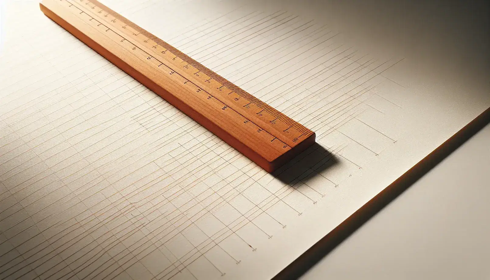 Close-up view of a wooden ruler diagonally placed on a white paper with pencil-drawn lines, highlighting the contrast and measurement concept.
