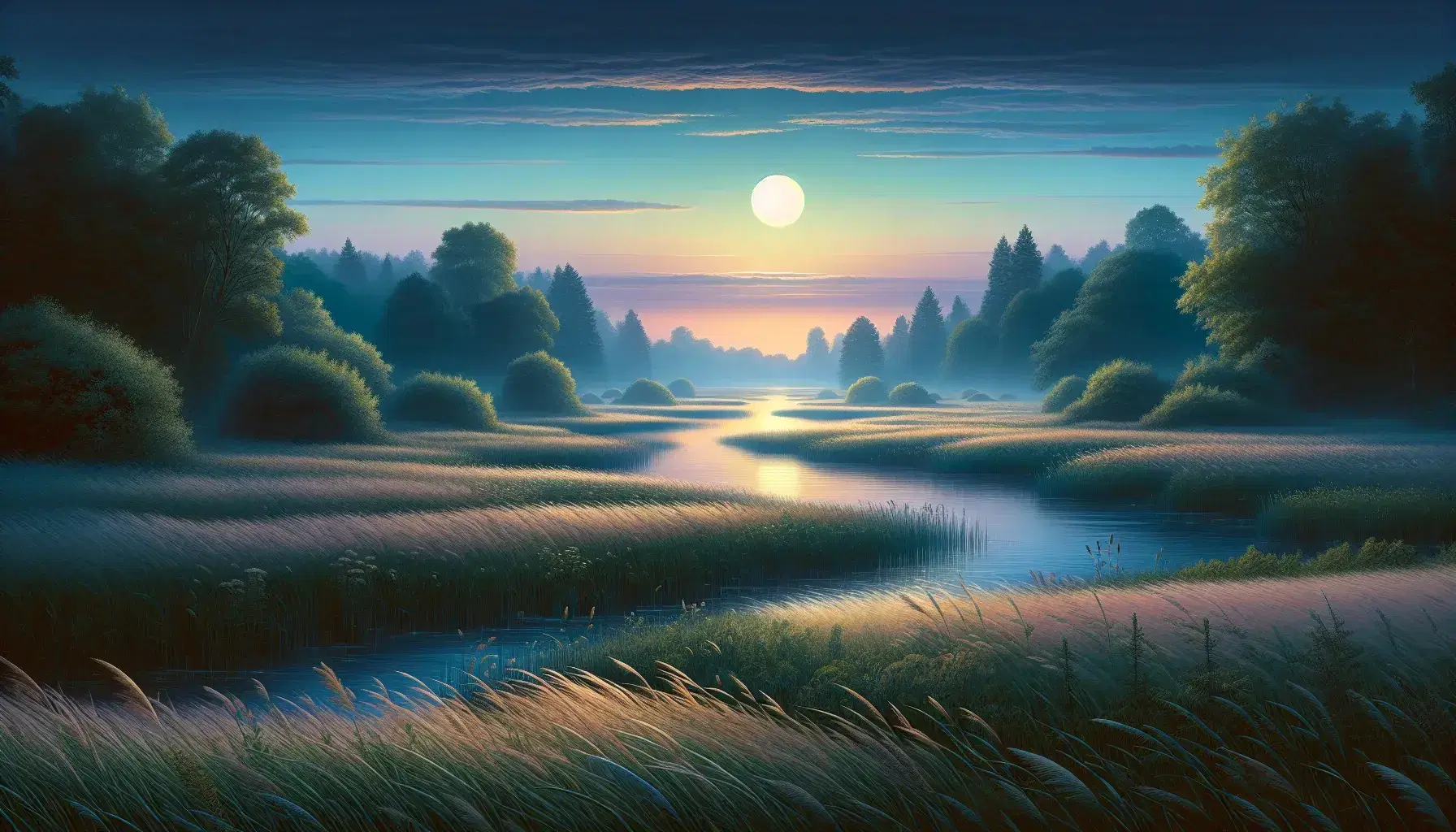 Serene dawn landscape with swaying tall grass, a reflective tranquil river, dense forest backdrop, and a warm sunrise glow.