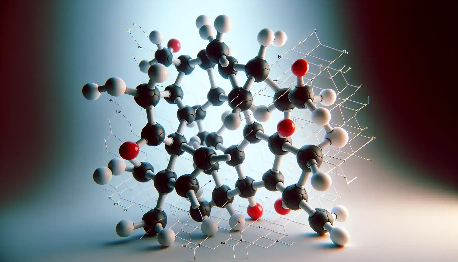 Three-dimensional molecular model of D-glucose with gray spheres for carbon, red for oxygen and white spheres for hydrogen on a gradient background.