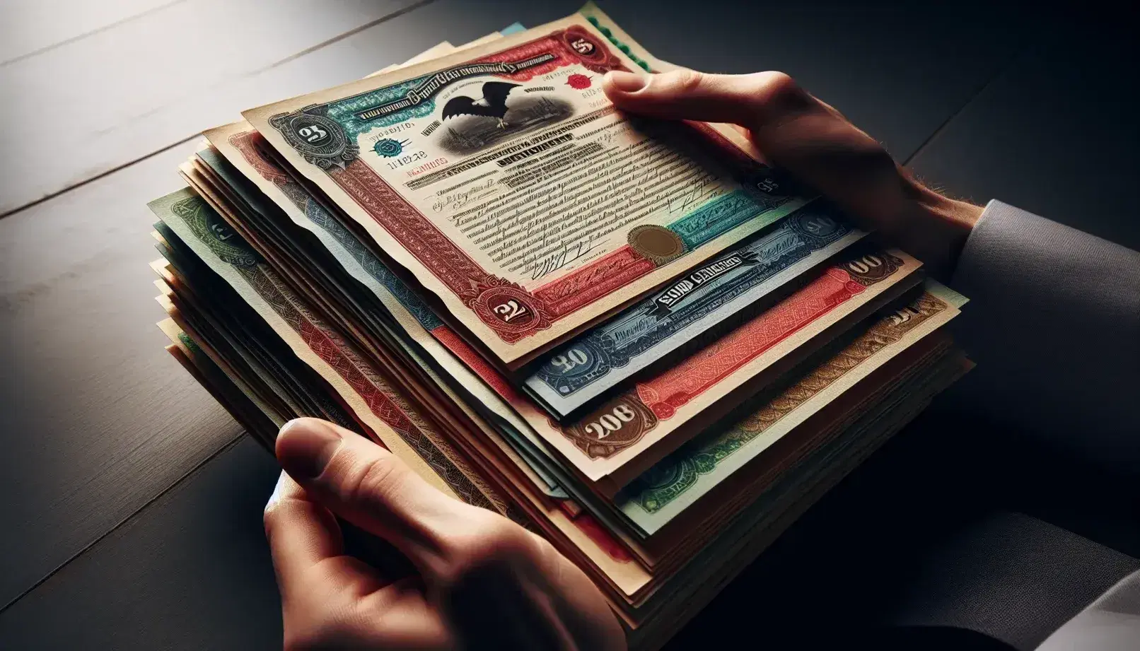 Close-up view of hands holding a fanned-out stack of colorful bond certificates with intricate designs, in a softly lit setting.