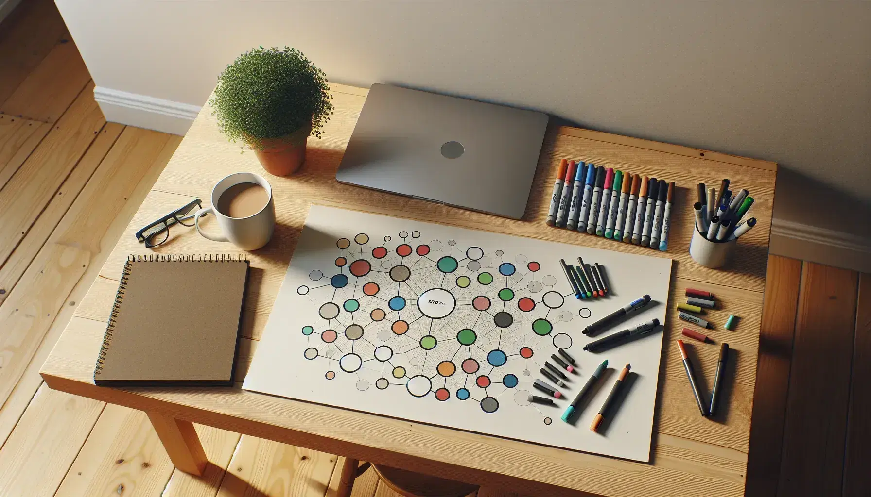 Scrivania in legno chiaro con foglio bianco e cerchi colorati collegati da linee, pennarelli assortiti, pianta, laptop chiuso e tazza con bevanda calda.