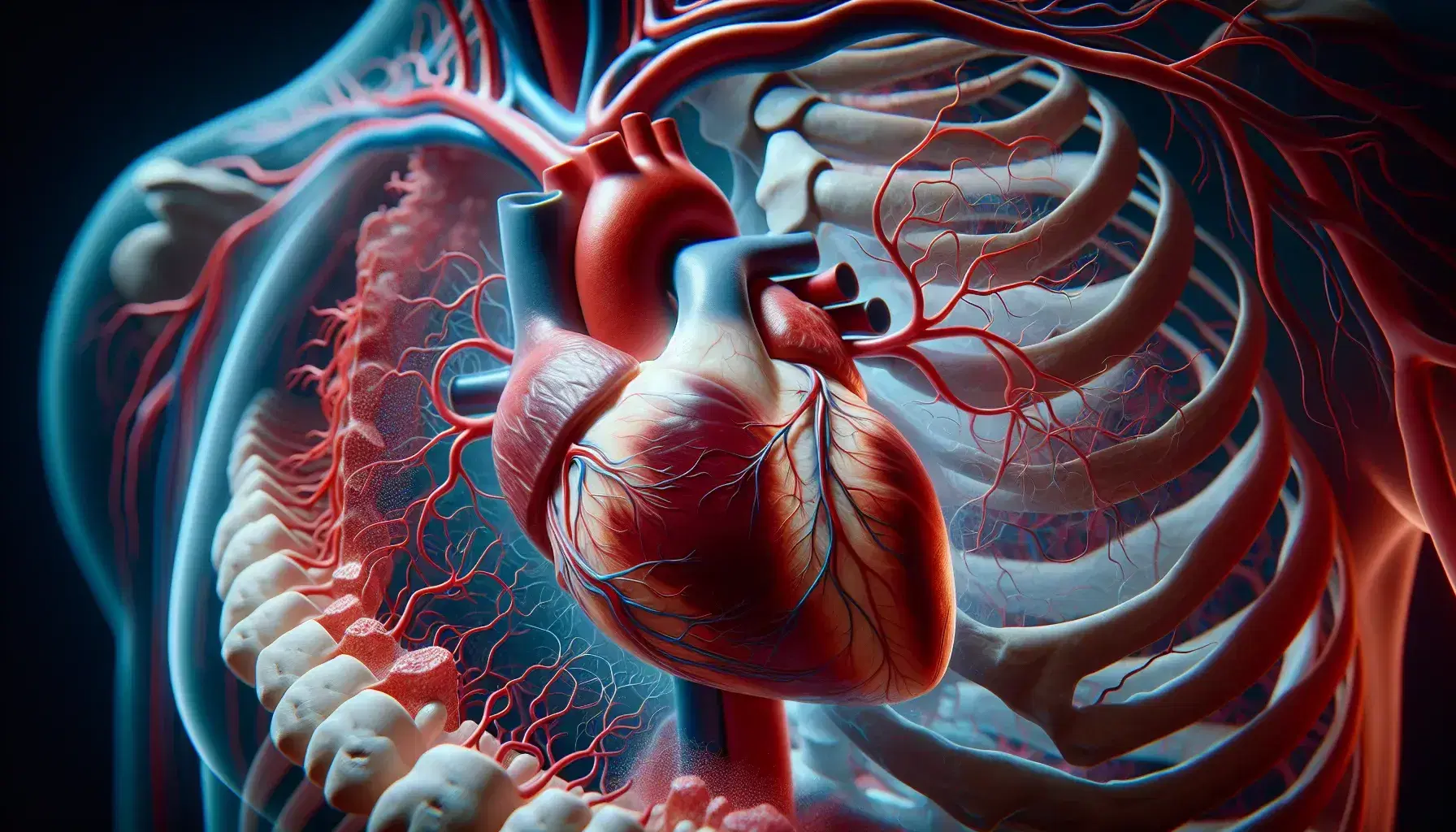 Detailed anatomical model of human heart with coronary arteries and veins, flanked by section of ribs, on background of blood vessels.