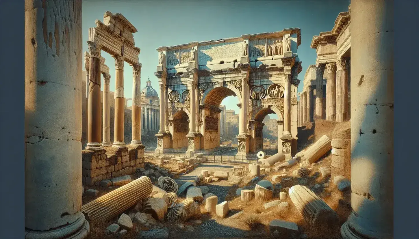 Vista panorámica de las ruinas del Foro Romano con columnas truncadas y el Arco de Septimio Severo en un día soleado.
