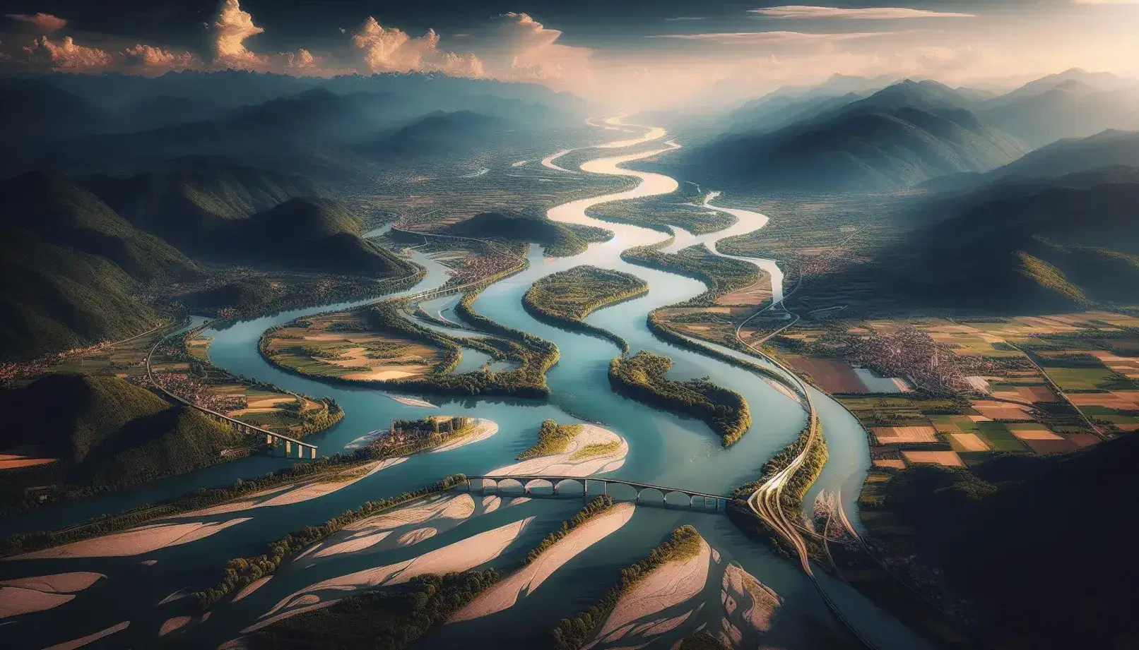 Vista aerea del fiume Po che serpeggia nel paesaggio italiano con ponti, vegetazione rigogliosa e montagne in lontananza.