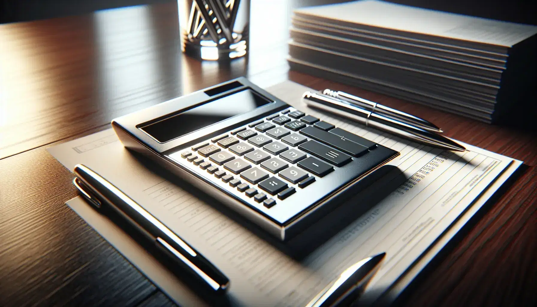 Modern silver calculator with blank display on a wooden desk beside a stack of white paper with horizontal lines and a glass of metallic pens in soft light.