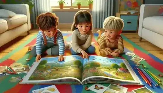 Tre bambini leggono un libro illustrato seduti su un tappeto colorato, circondati da fogli e matite colorate, in una stanza illuminata dalla luce naturale.