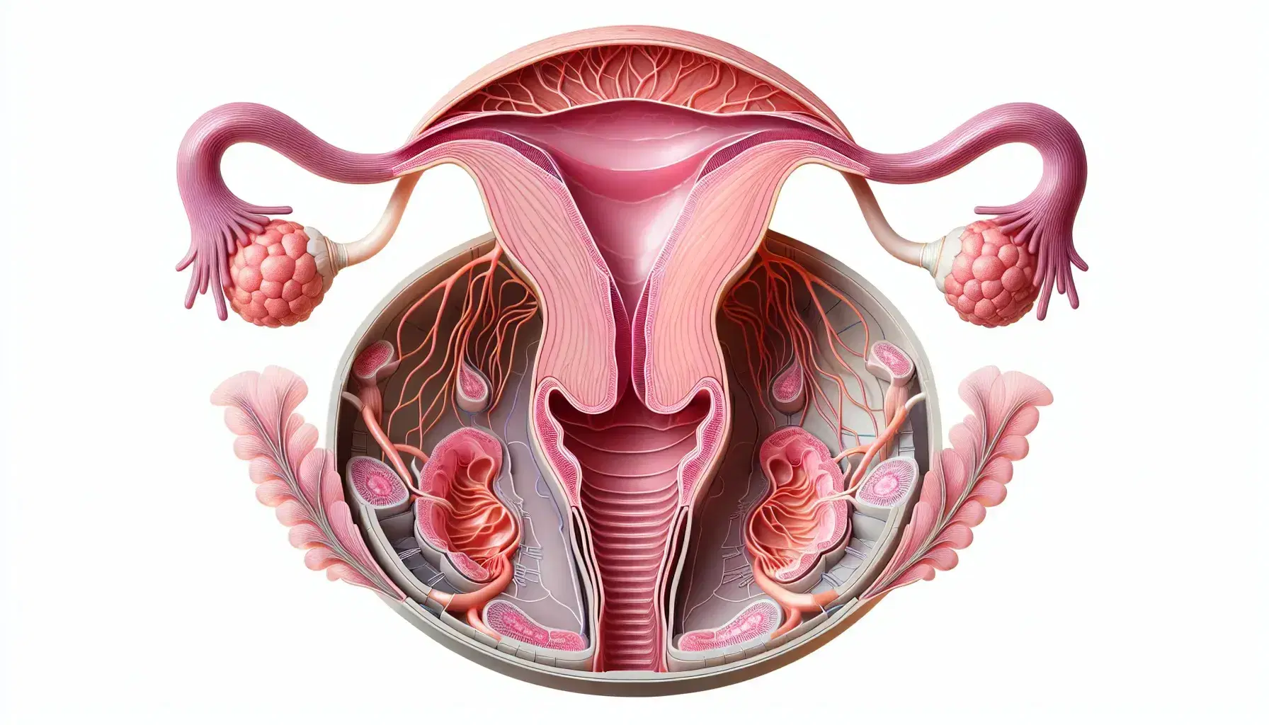 Modello anatomico dettagliato del sistema riproduttivo femminile con utero, ovaie, tube di Falloppio e sezione della ghiandola mammaria.