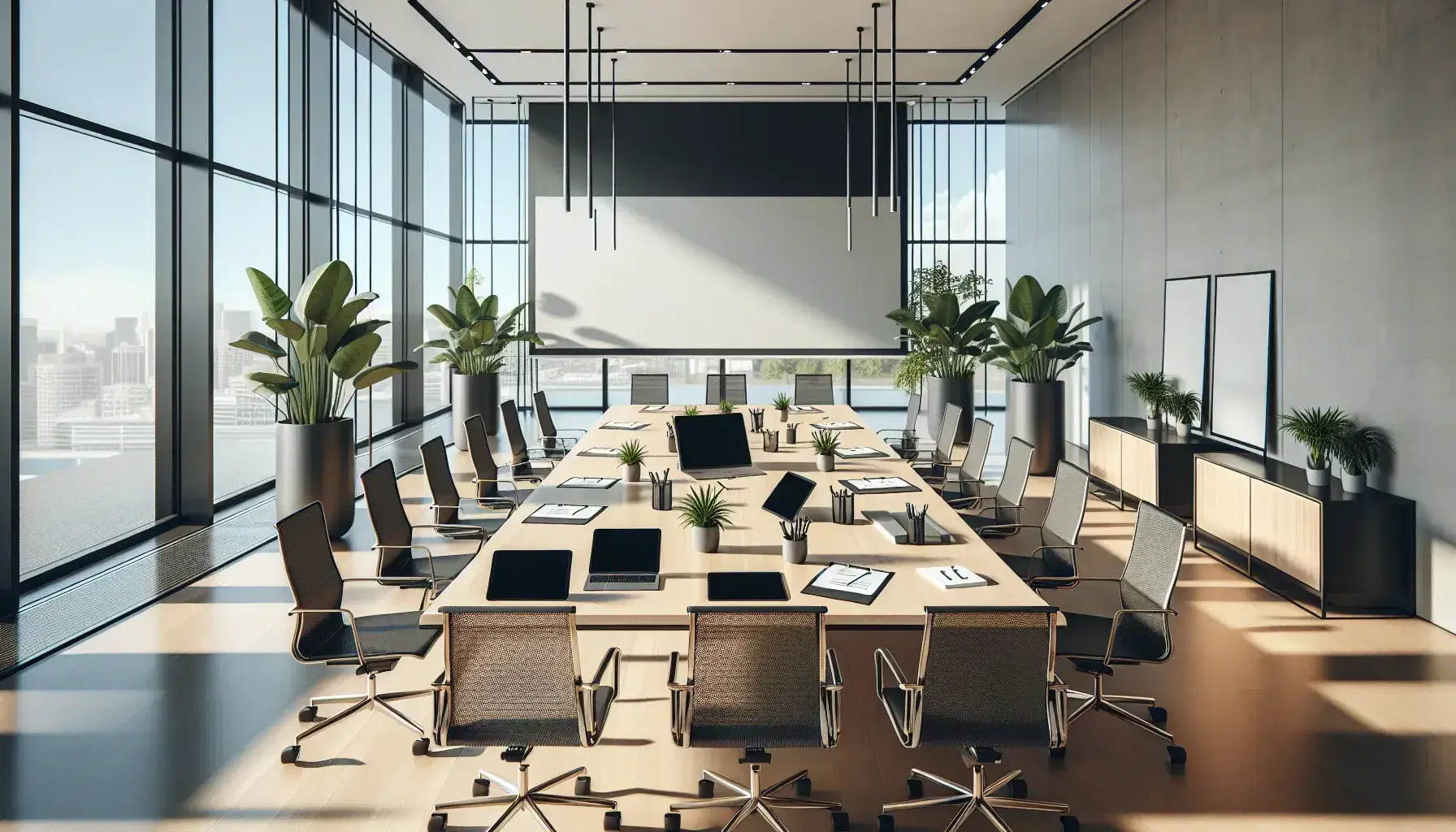 Sala de reuniones moderna con mesa rectangular, sillas ergonómicas, dispositivos electrónicos apagados, pizarra blanca y plantas, bajo luz natural.