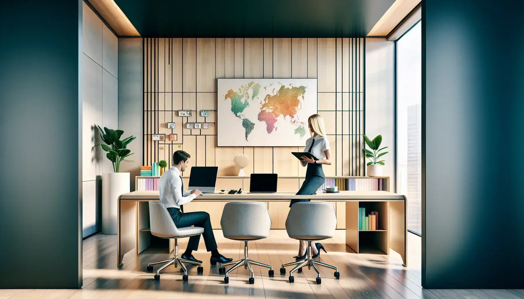 Ufficio moderno con scrivania in legno, sedie ergonomiche grigie, laptop, tablet, pianta verde e cartelle colorate, donna in abito blu e uomo in camicia.