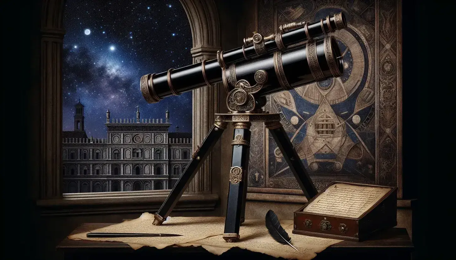 Telescopio tradizionale nero con dettagli in metallo su treppiede di legno, puntato verso un cielo stellato notturno, accanto a un edificio in pietra e un tavolo con pergamena e penna.
