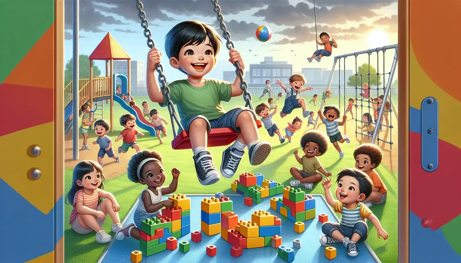 Niños de diversas etnias jugando alegremente en un parque, con un niño en un columpio rojo, niñas con juegos de bloques y un niño escalando.