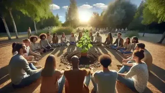 Grupo diverso de personas en círculo alrededor de una planta joven en un parque, conversando pacíficamente bajo árboles y cielo azul.