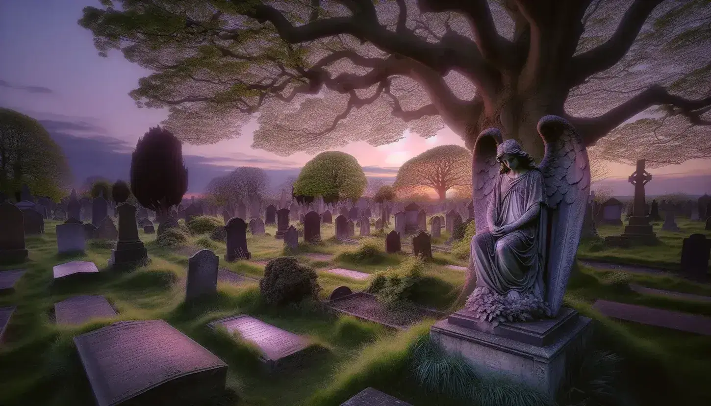 Twilight settles over a peaceful cemetery with a stone angel statue among varied gravestones, lush greenery, and trees with autumn leaves.
