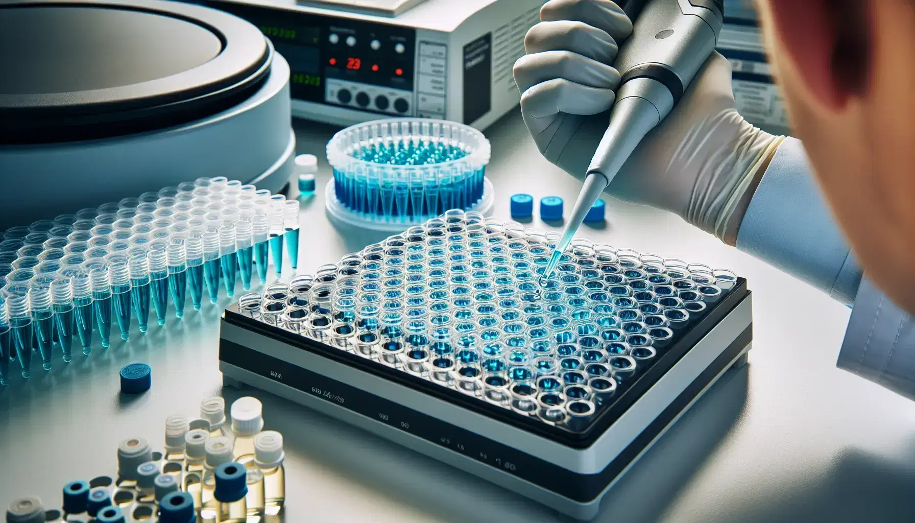 Scientist in latex gloves pipetting blue liquid into a microtiter plate with a centrifuge and tube rack in the background in a lab setting.