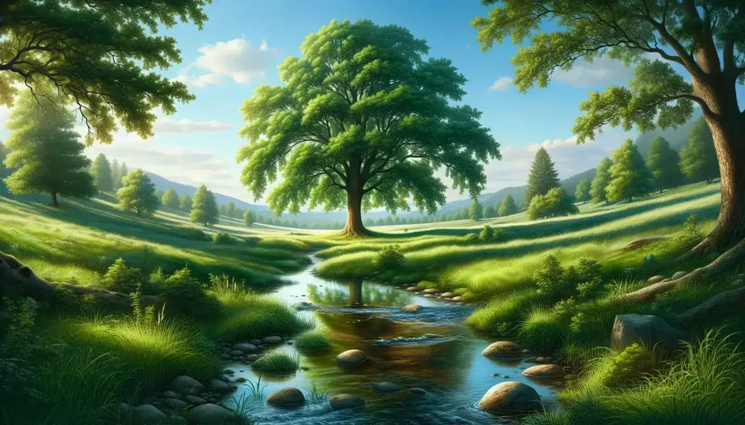 Natural landscape with lonely oak tree, green meadow, quiet stream and distant mountains under a blue sky with thin clouds.
