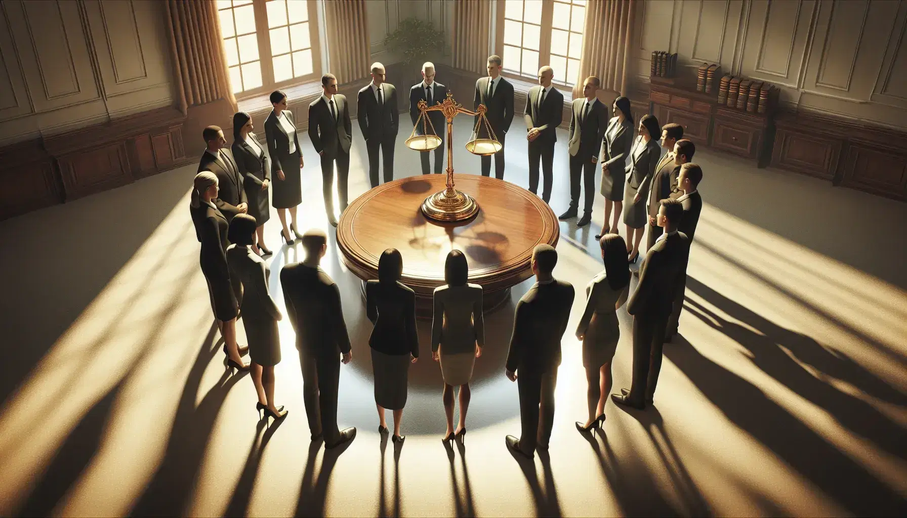 Grupo de profesionales en traje formal rodeando una mesa con balanza de justicia dorada en equilibrio, iluminada por luz natural en sala elegante.