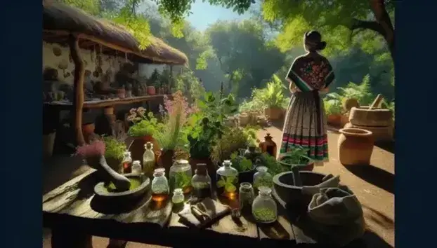 Persona en atuendo mexicano tradicional sostiene plantas medicinales en un jardín natural con macetas de barro, cestas tejidas y mesa rústica con frascos y mortero bajo árboles y cielo despejado.