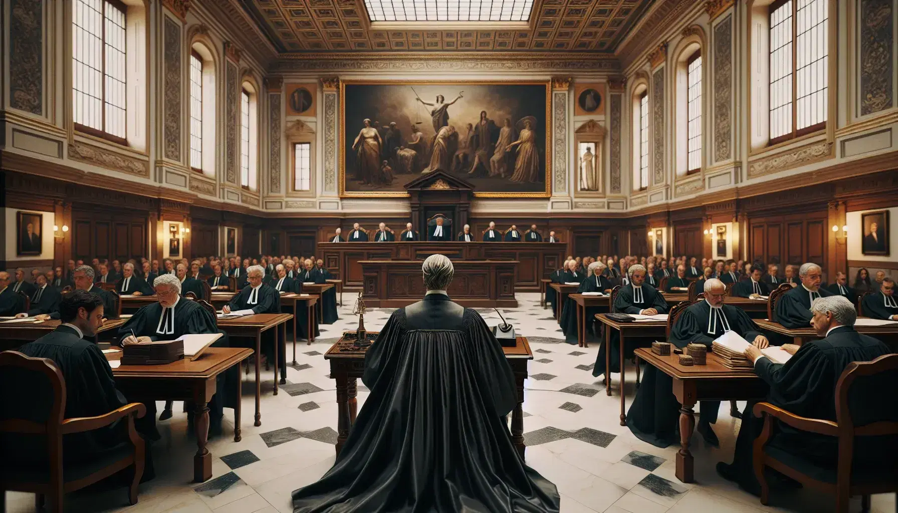 Aula di tribunale italiana con giudice in toga, avvocati ai banchi, sedie per il pubblico, pareti decorate e lampadario cristallo.