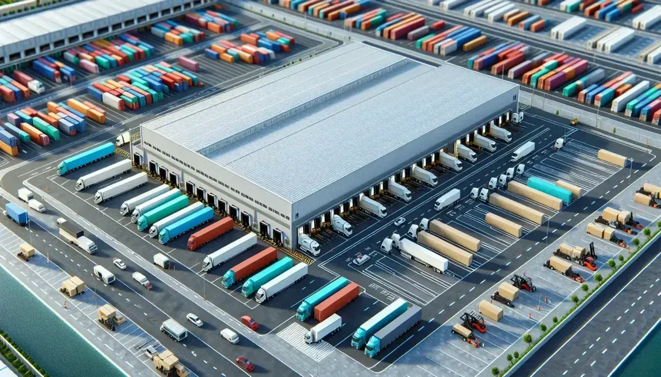 Vista aérea de centro de distribución logístico con almacén, camiones en plataformas de carga, contenedores y área de estacionamiento en día soleado.