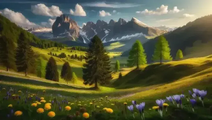 Paesaggio montano del Trentino-Alto Adige con prati verdi, fiori selvatici, alberi e cime innevate sotto un cielo azzurro.