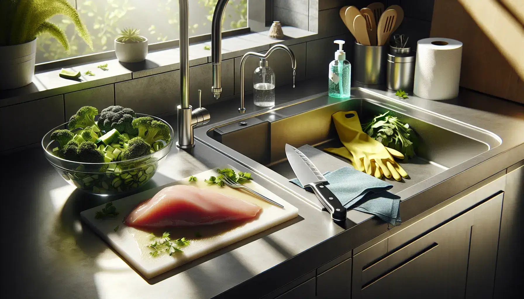 Stainless steel kitchen countertop with raw chicken on a white board, chopped vegetables on a green board, and a bowl of leafy greens in water.