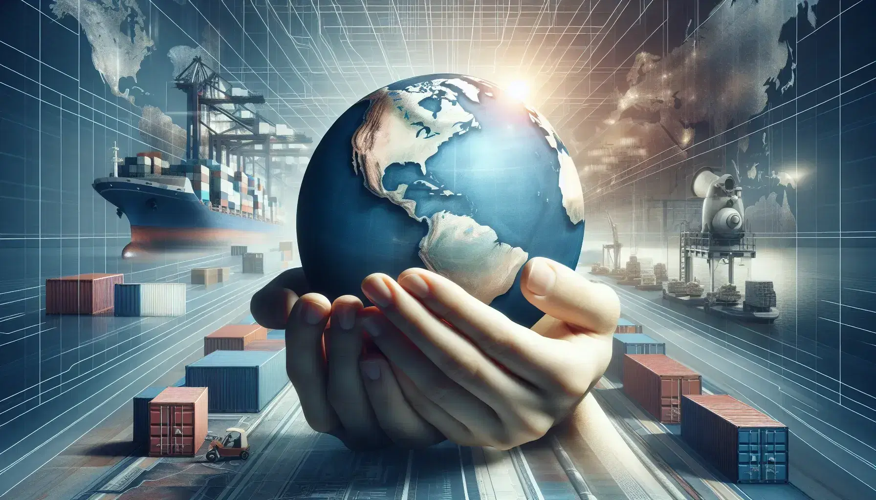 Mappamondo sostenuto da mani umane con sfondo di grattacieli e oggetti di commercio internazionale, simboleggiando l'economia globale.