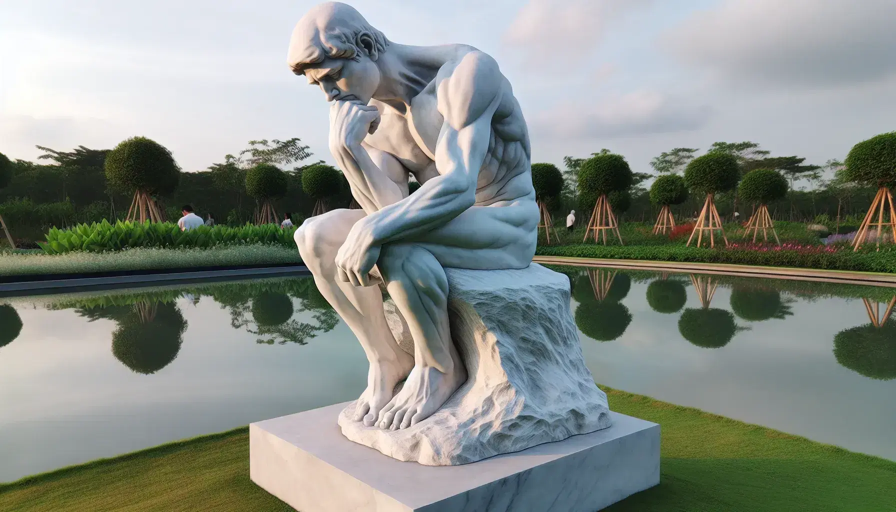 Escultura de mármol blanco en pose pensativa, situada en jardín con estanque reflejando la figura y vegetación circundante bajo luz suave.