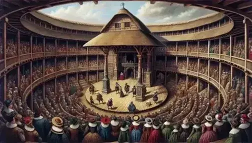 Rappresentazione teatrale al Globe Theatre con attori in costume d'epoca su palco in legno, pubblico in abiti rinascimentali sotto cielo sereno.