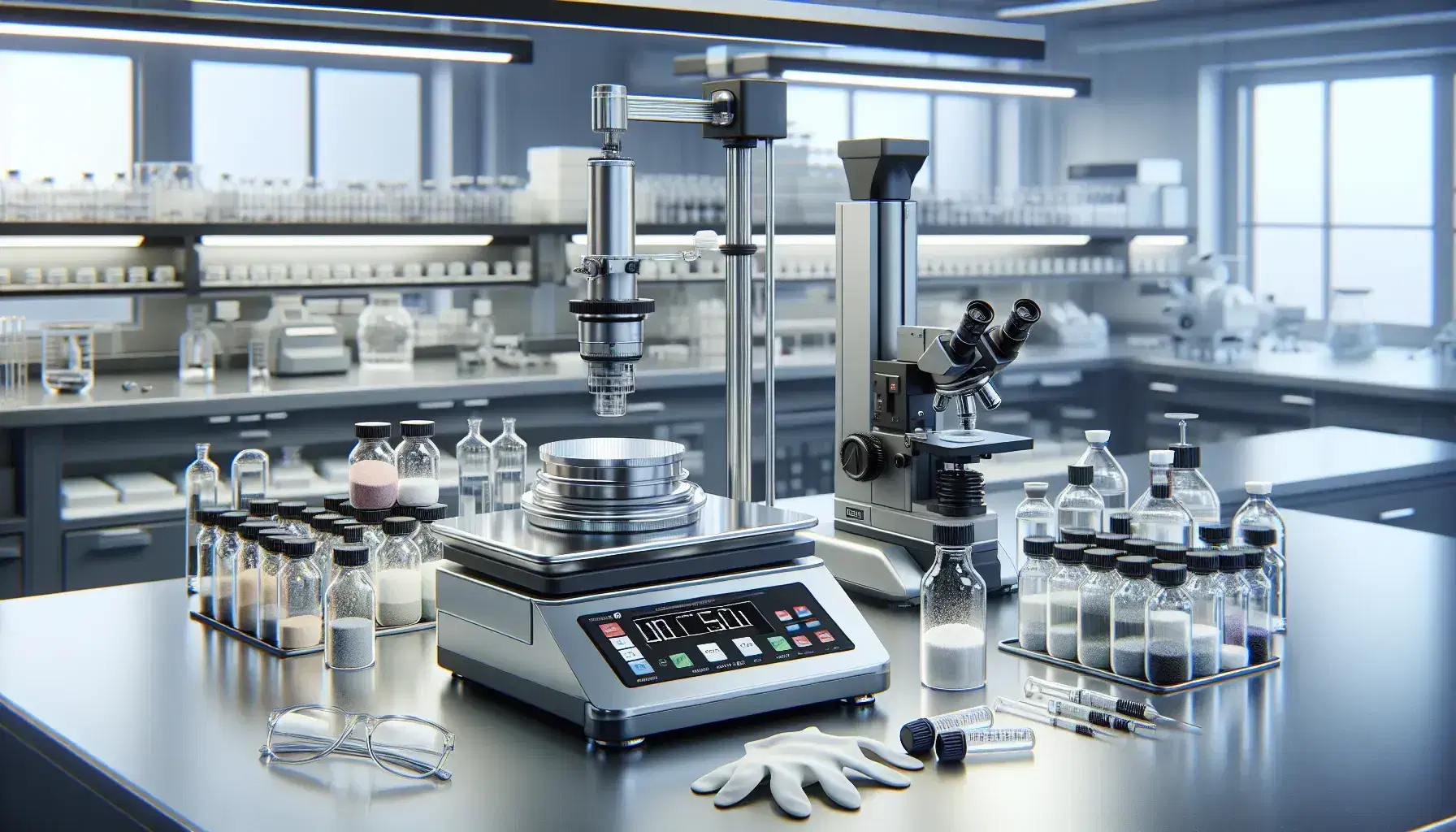 Laboratorio scientifico moderno con bilancia analitica di precisione, vetrini con polveri e liquidi colorati, microscopio elettronico e guanti di lattice.