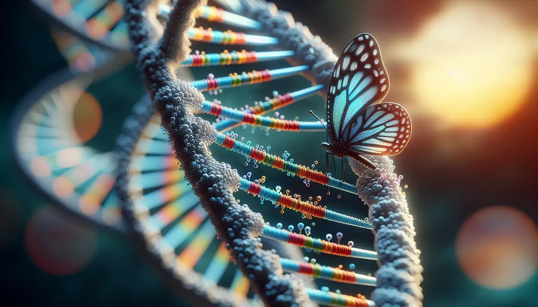 Detailed DNA double helix with metallic sheen and paired colored base pairs, overlaid by a vividly patterned butterfly with outstretched wings.