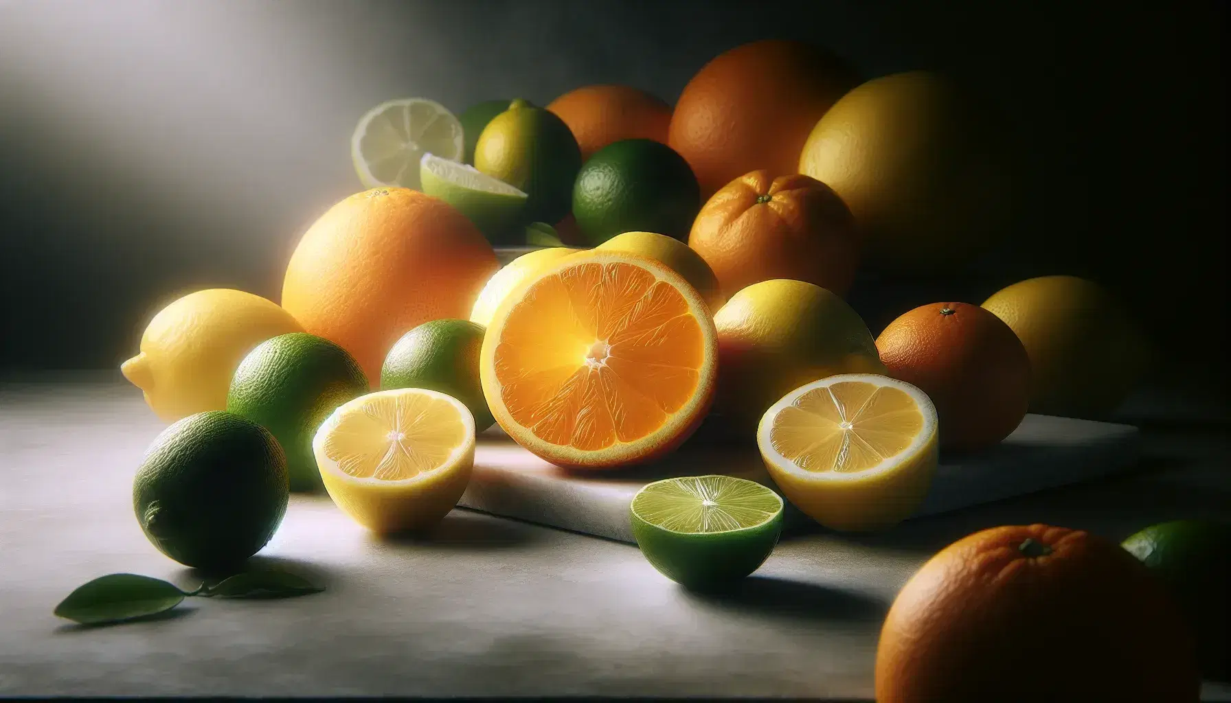 Variedad de cítricos frescos sobre superficie clara, con naranja cortada al centro, limón amarillo y lima verde a los lados, y otros frutos difuminados al fondo.