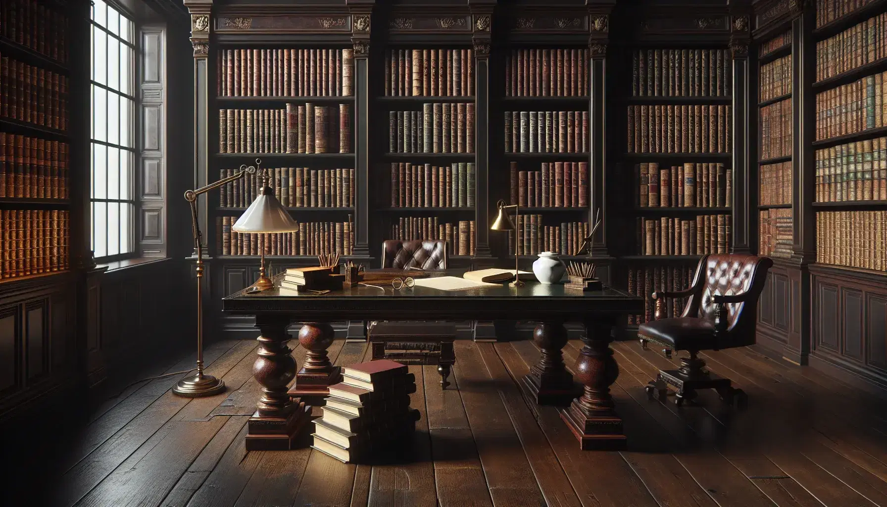 Biblioteca clásica con estanterías de madera oscura llenas de libros encuadernados en cuero, mesa con libros abiertos, lámpara de pie y tintero de porcelana.