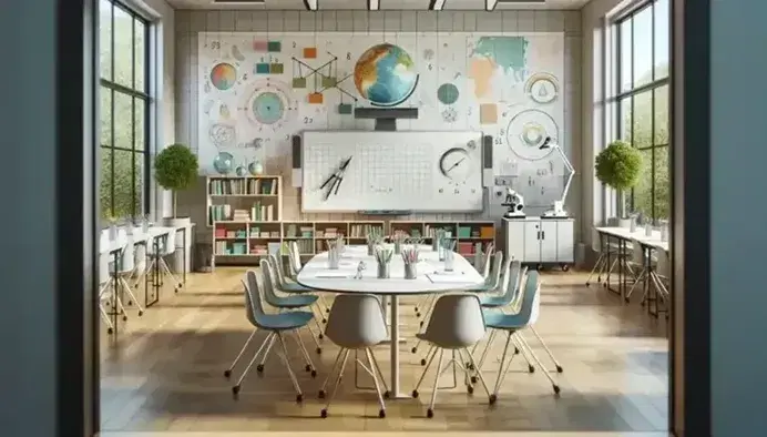 Aula moderna e luminosa con tavolo ovale, sedie ergonomiche blu, strumenti didattici, lavagna bianca, finestre con vista sul cortile e angolo studio con microscopio e modello di cranio.