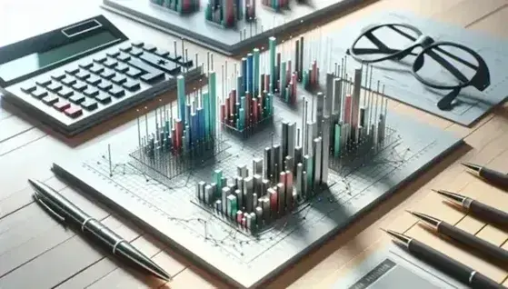 Gráficos de barras tridimensionales y líneas en tonos azules, verdes y rojos sobre mesa de madera, junto a calculadora, gafas y bolígrafo.