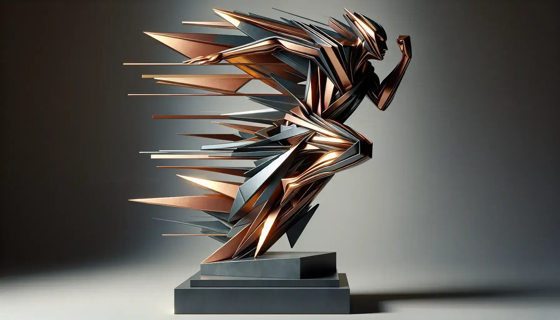 Scultura futuristica in bronzo con forme geometriche intrecciate su piedistallo nero, riflessi dorati e ombre marcate su sfondo neutro.