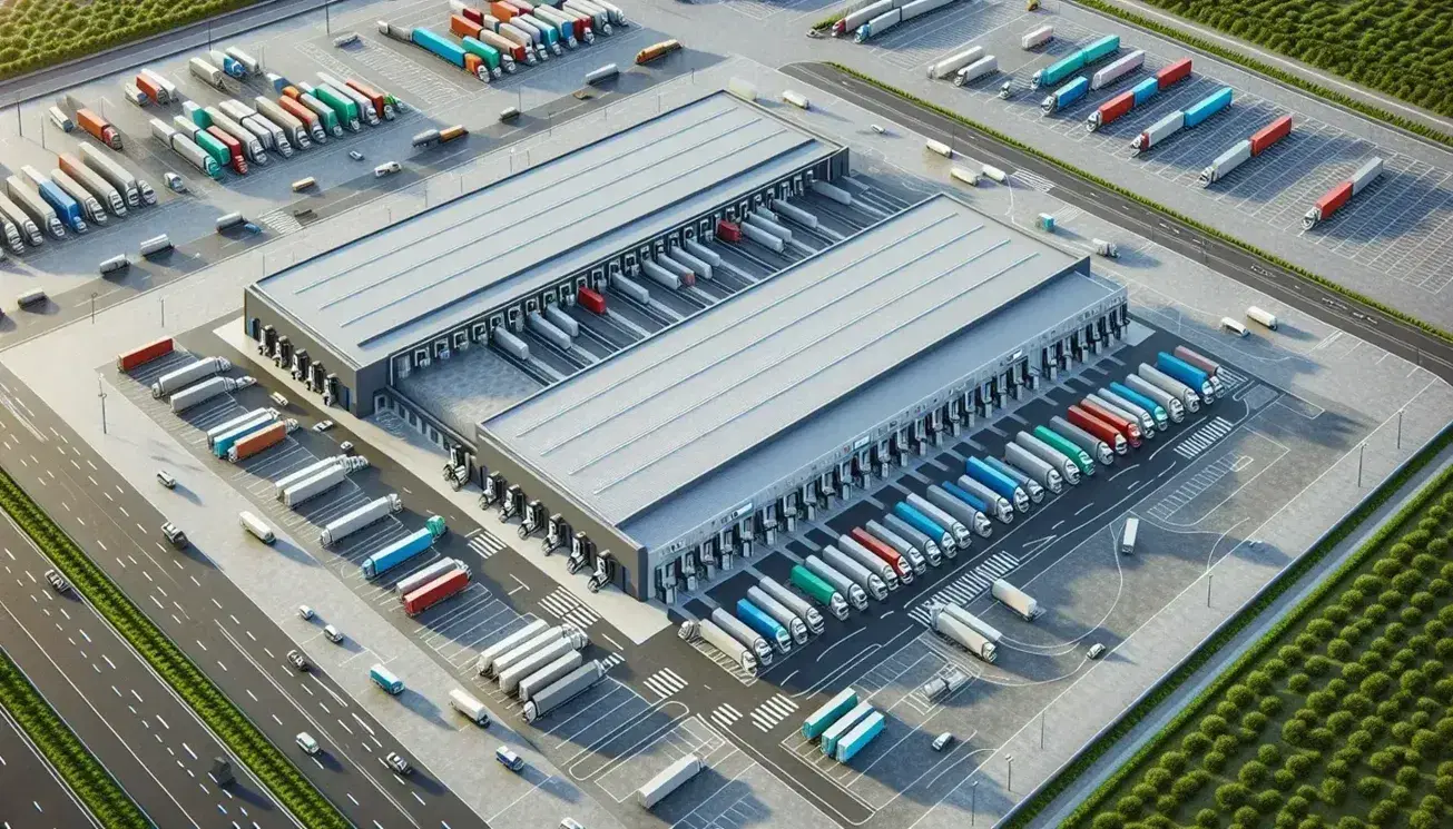 Vista aérea de centro de distribución logístico con almacén de techo gris, camiones en muelles de carga y área de estacionamiento con vehículos.