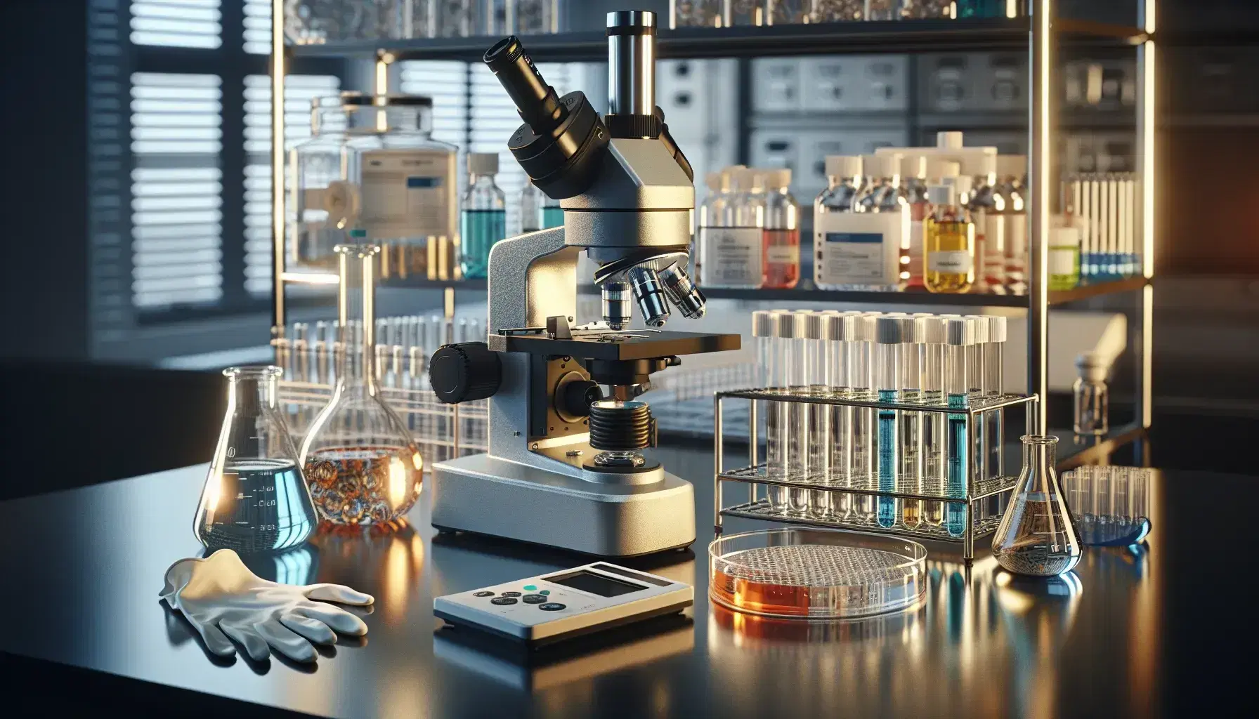 Laboratorio de investigación farmacéutica con microscopio, tubos de ensayo con líquidos de colores y balanza analítica digital.