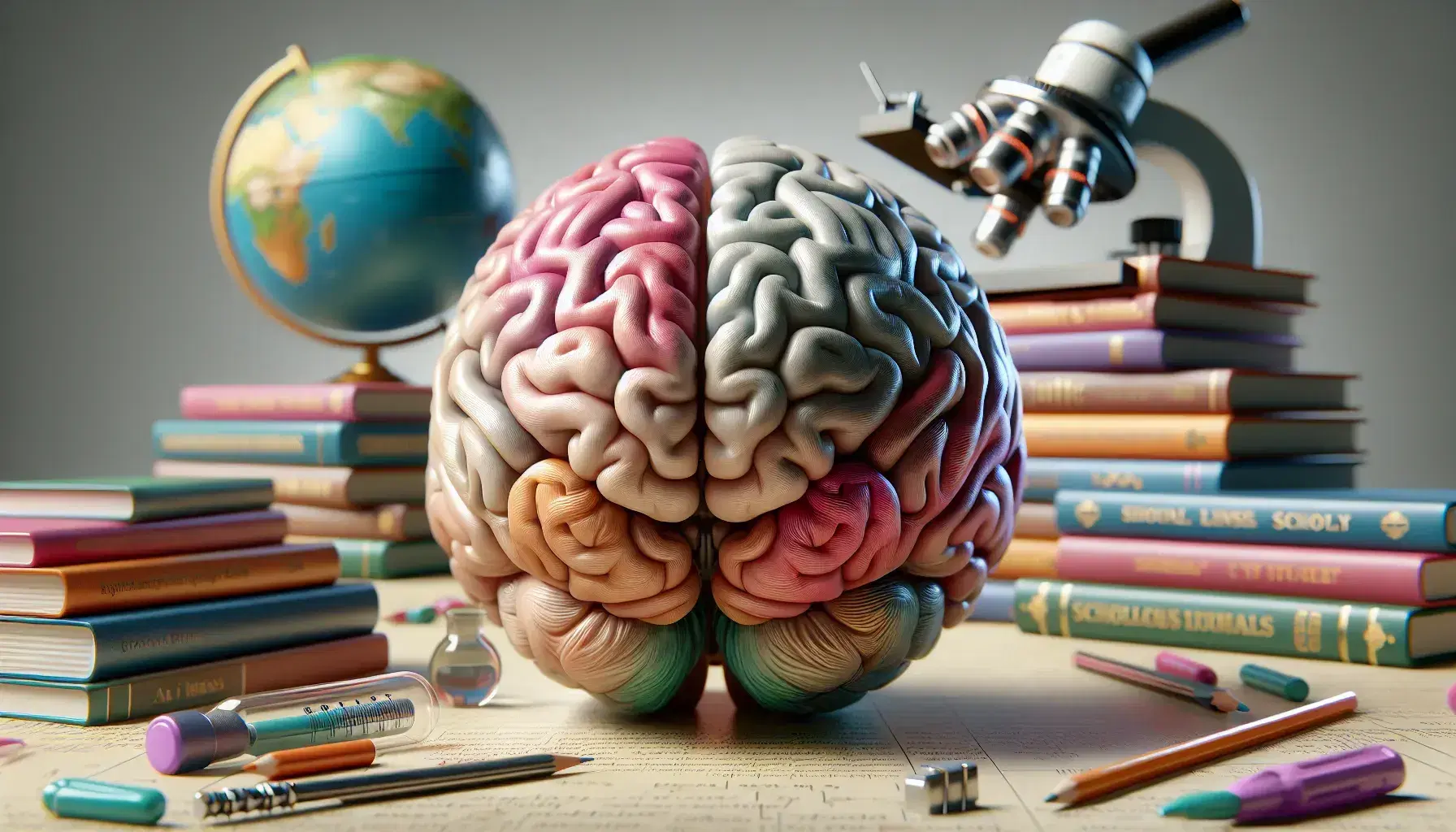 Sezione sagittale dettagliata di un cervello umano con sfondo neutro e oggetti scolastici sfocati quali libri, microscopio e mappamondo.