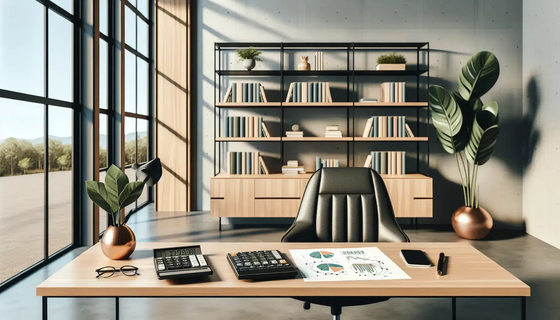 Oficina moderna iluminada con escritorio de madera, calculadora negra, teléfono, silla ejecutiva de cuero, planta y estantería con libros y escultura metálica.