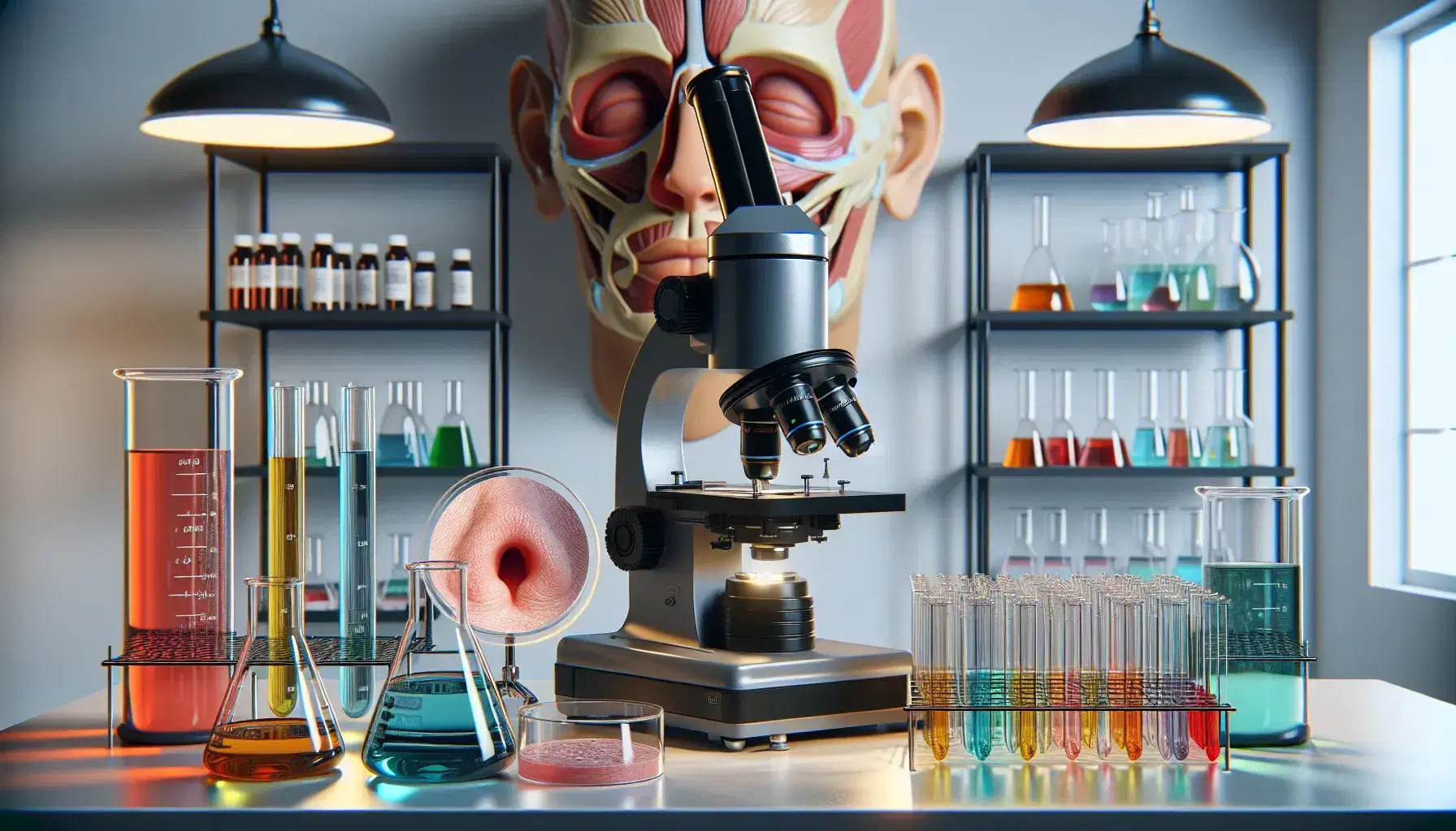 Laboratorio científico con microscopio electrónico, tubos de ensayo con líquidos coloridos y modelo anatómico de nariz humana en estante.