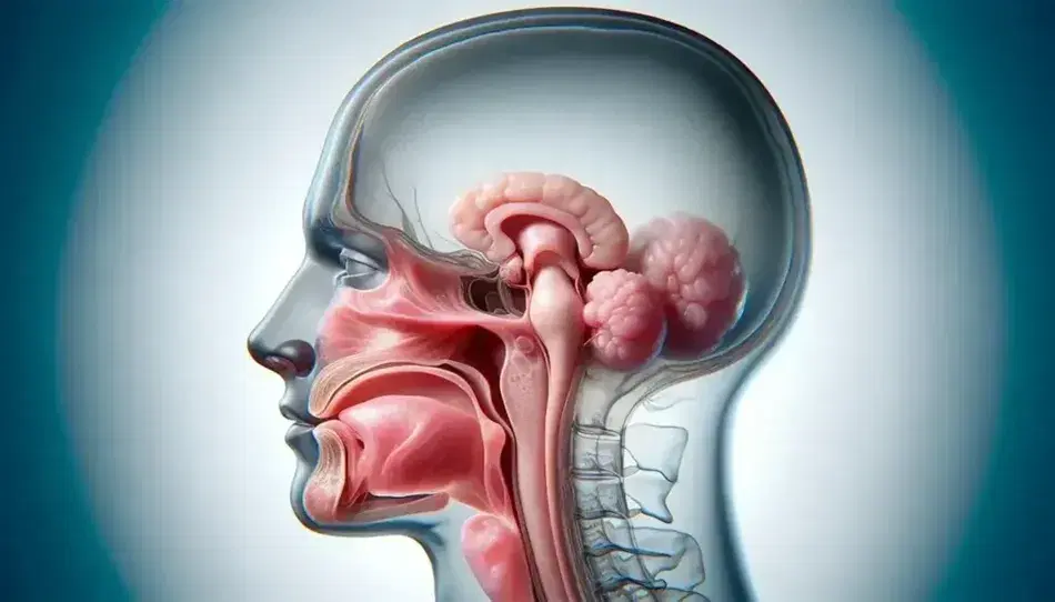 Vista lateral de una cabeza humana transparente mostrando las glándulas salivales: parótidas, submandibulares y sublinguales en tonos rosa claro.
