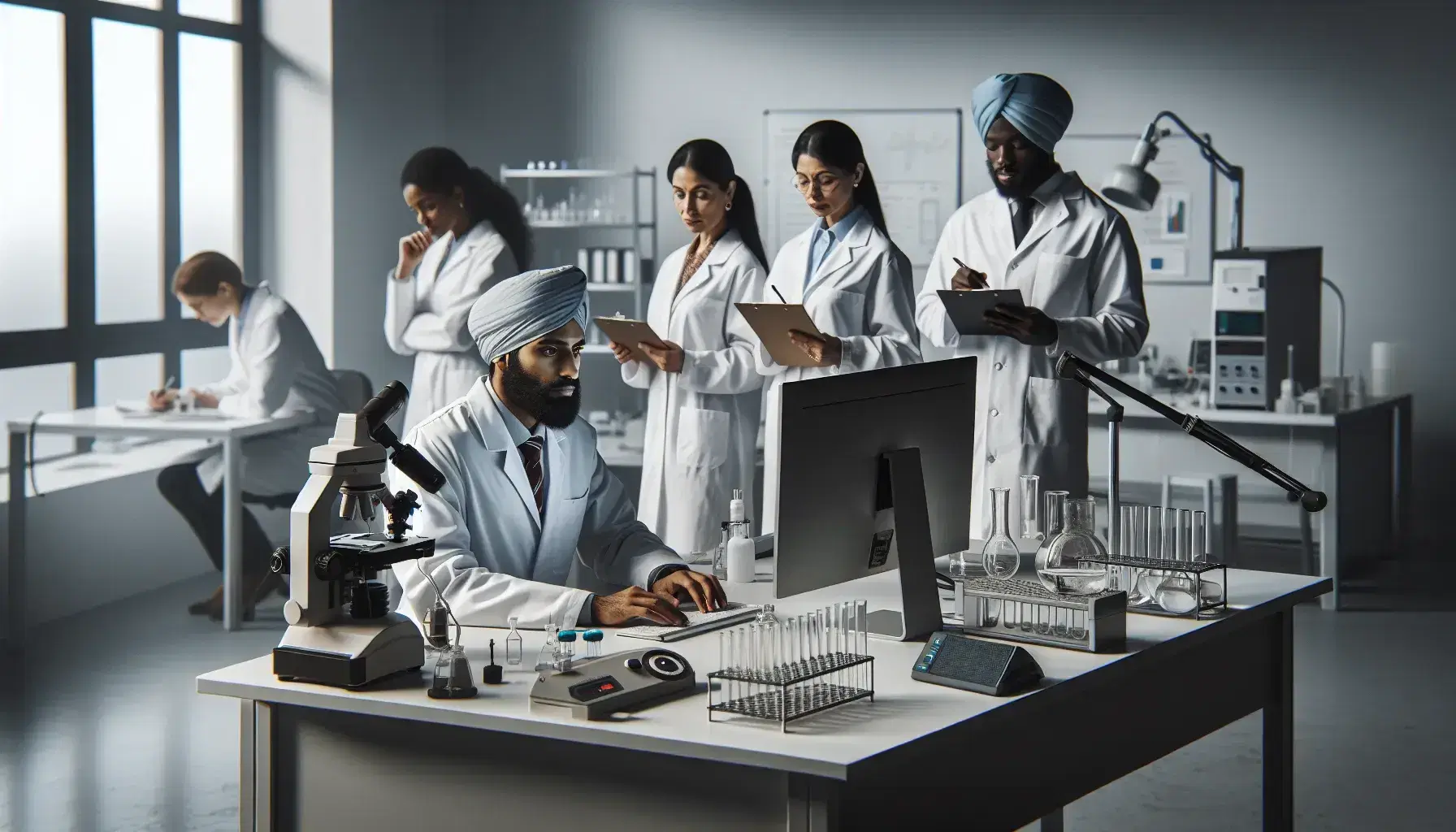Multi-ethnic group of scientists in white coats working in the laboratory, with scientific instruments and computers, in professional environment.