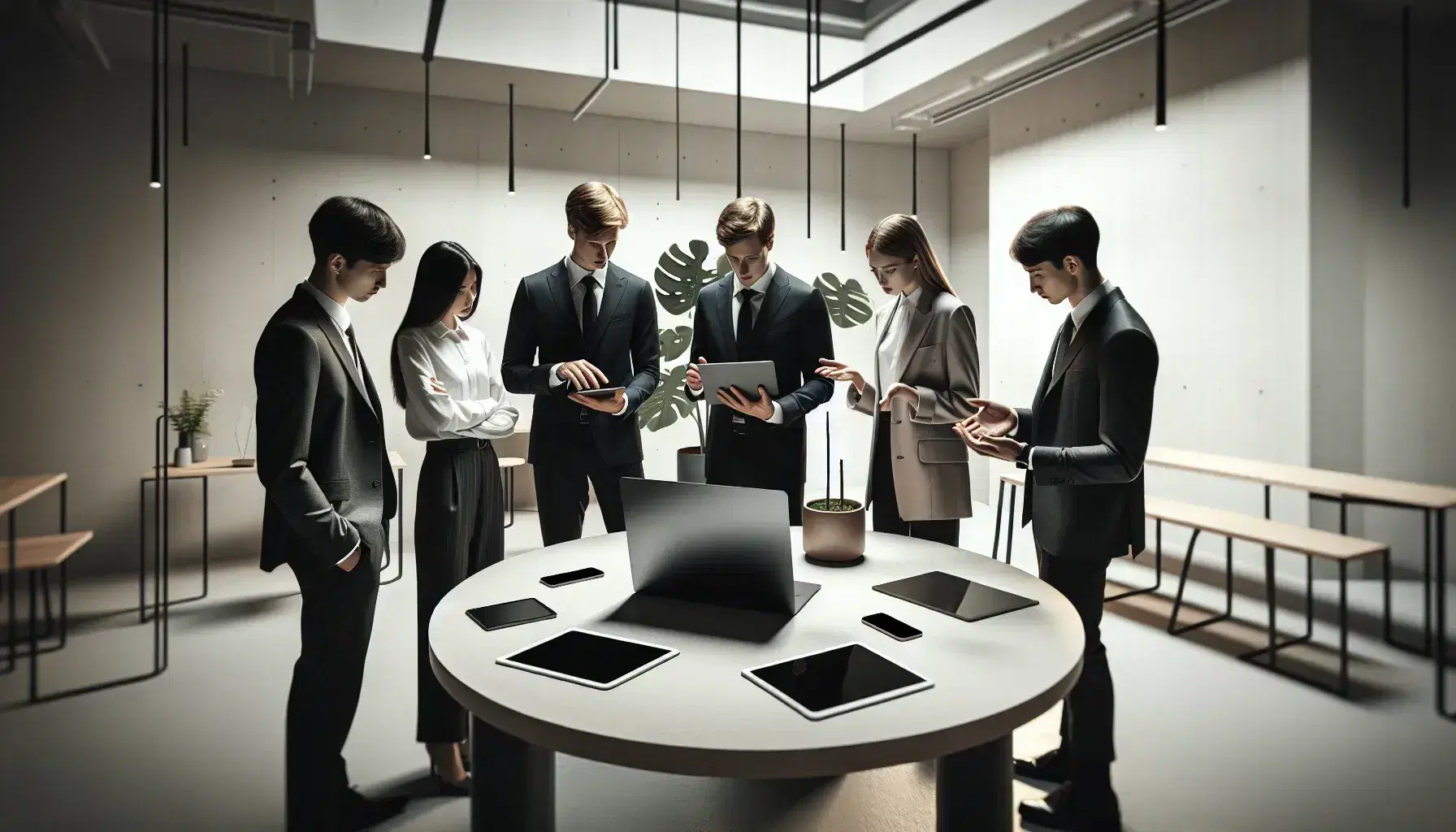 Grupo de cinco profesionales en reunión de trabajo alrededor de una mesa redonda con dispositivos electrónicos en una oficina iluminada y decorada con planta verde.
