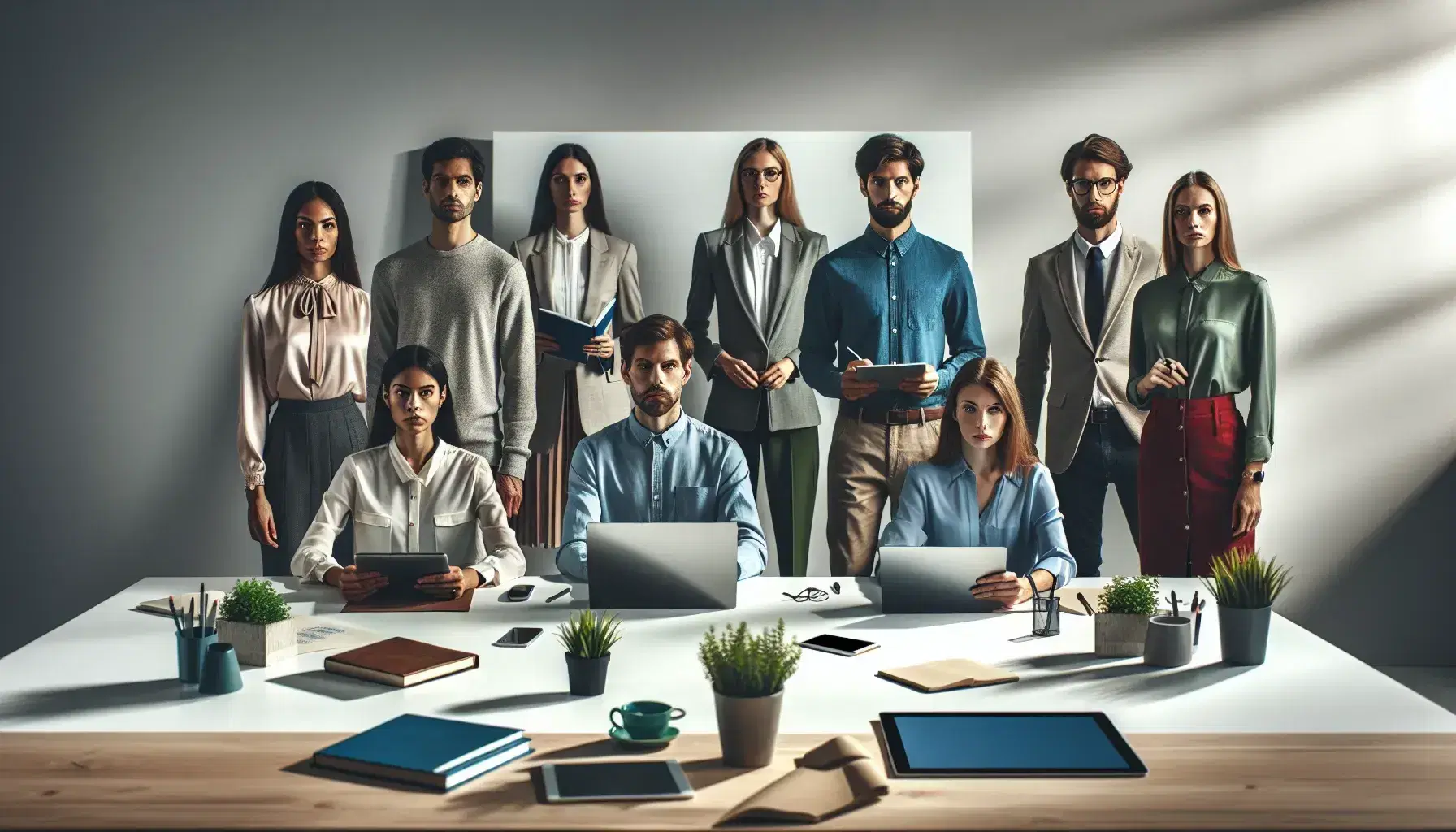 Equipo diverso trabajando juntos en una oficina iluminada naturalmente con tecnología moderna y una planta verde, sin marcas visibles.
