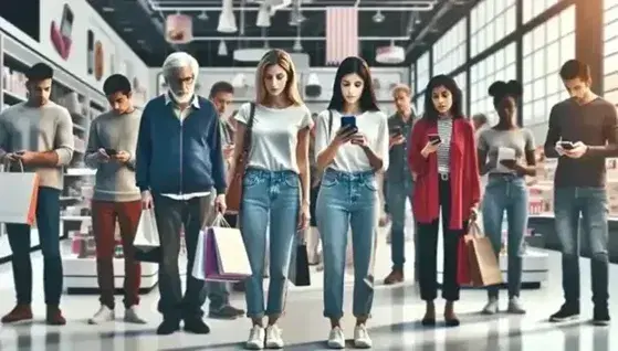 Grupo diverso de personas de distintas edades y etnias en un espacio comercial, con una joven usando su smartphone y otros observando productos.