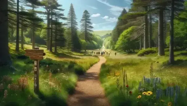 Sentiero sterrato in parco nazionale francese con escursionisti, flora selvatica e cartello indicatore, sotto un cielo sereno.